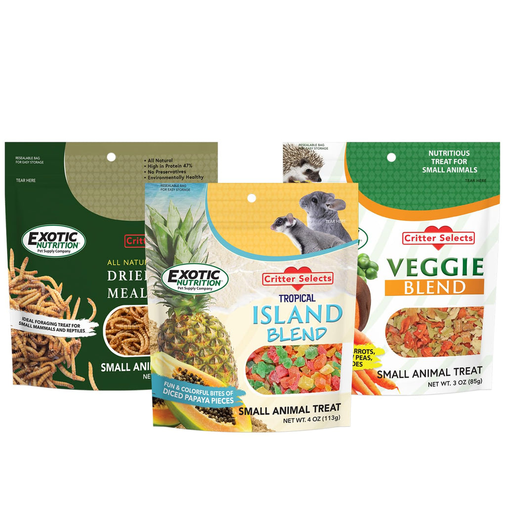 Treat Assortment 3 Pack - Pet Treats with Mix of Dried Fruits Dried Insects & Other Crunchies - for Sugar Gliders Hedgehogs Squirrels Rabbits Marmosets Rats Hamsters - Sample Variety